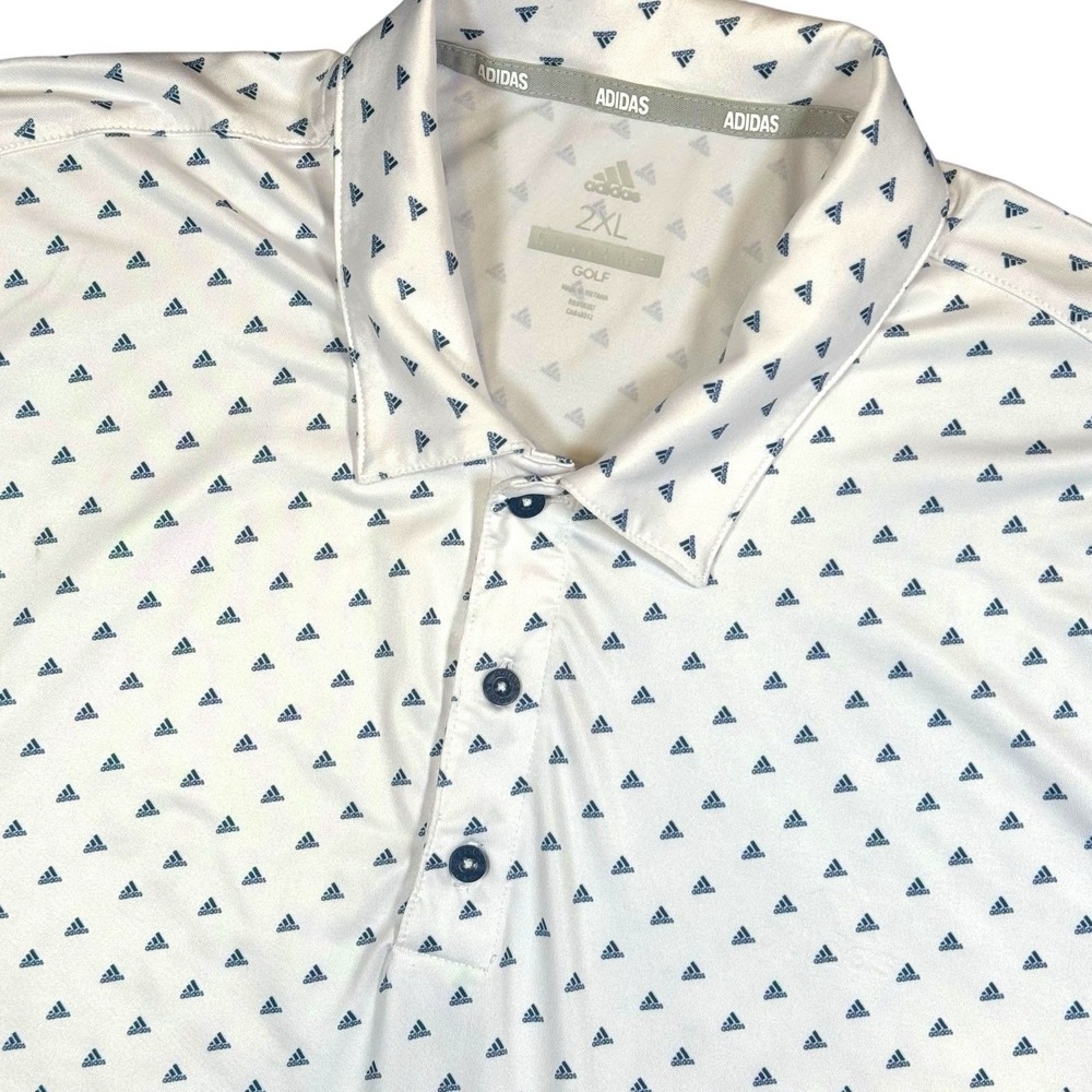 Adidas Golf Performance Polo Shirt Men's 2XL White Navy Stretch Allover Print